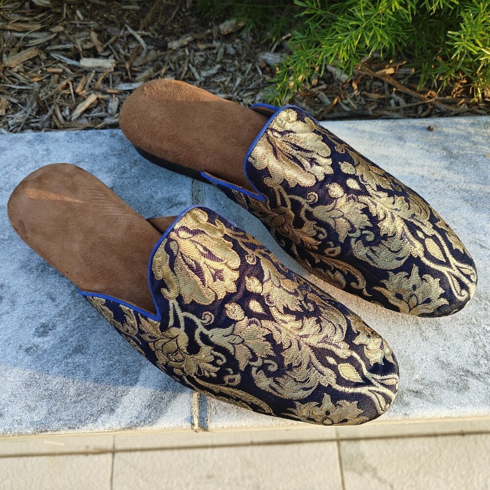 Blue Shoes for Women, Golden and Blue Silk Shoes, Leather Shoes,One of kind, 9.0